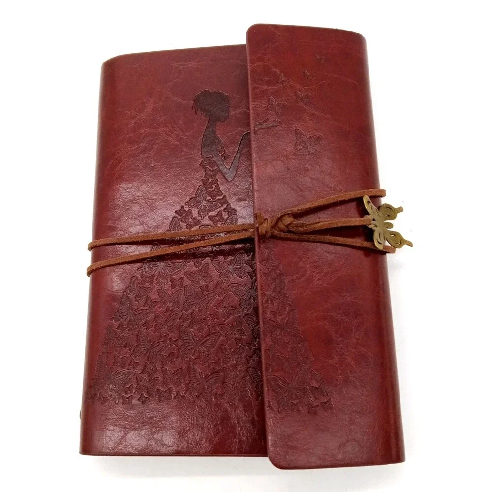 Vtg Burgundy PU Leather Embossed Girl/Butterfly Dress Refillable Journal  NWOT